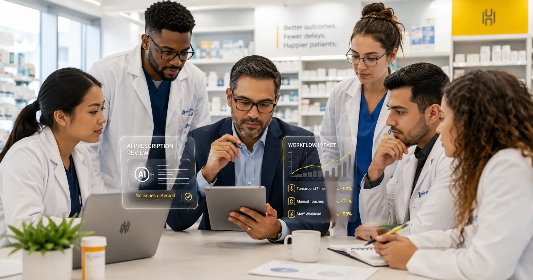 Health system and pharmacy buyers reviewing an AI voice agent in healthcare and pharmacy workflow during an enterprise vendor evaluation meeting.