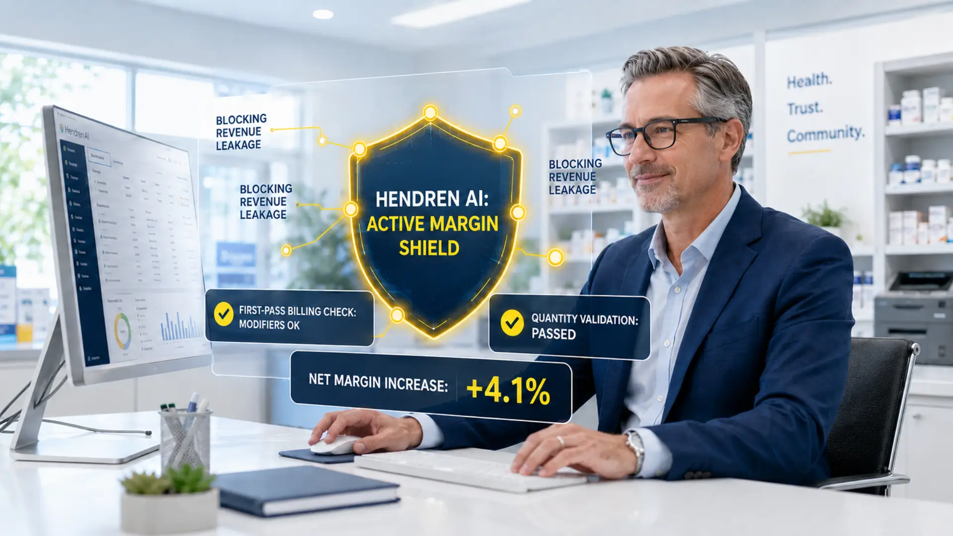 A pharmacist sitting at a desk in a modern pharmacy using computer software. Overlaying the scene is a digital glowing shield graphic labeled "Hendren AI: Active Margin Shield" surrounded by nodes that say "Blocking Revenue Leakage." Callout boxes show successful checks for billing and quantity, along with a stat reading "Net Margin Increase: +4.1%."