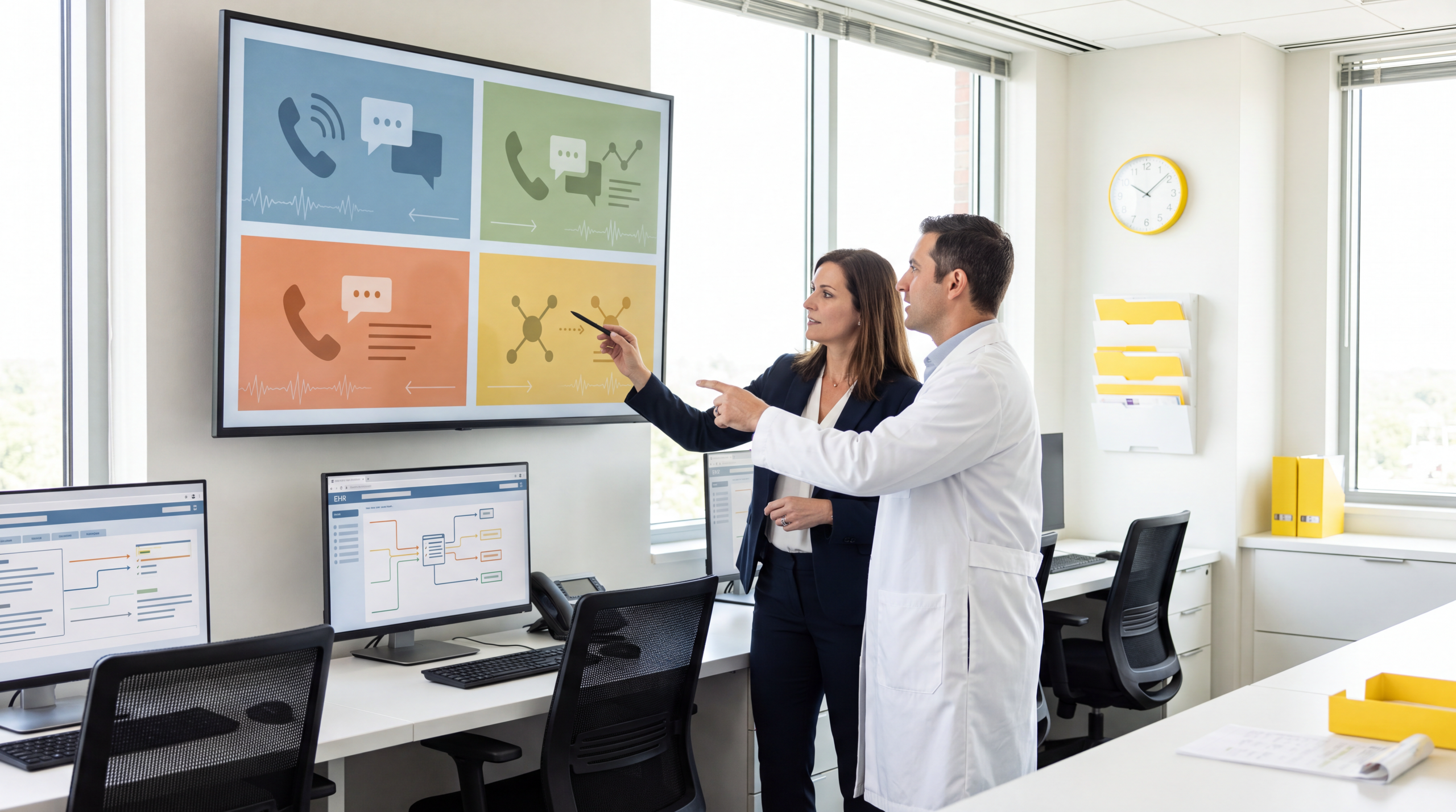 A doctor in a white lab coat and a business executive point at a large digital screen demonstrating an AI voice agent in healthcare, which displays communication icons, audio waveforms, and workflow diagrams inside a modern office setting.