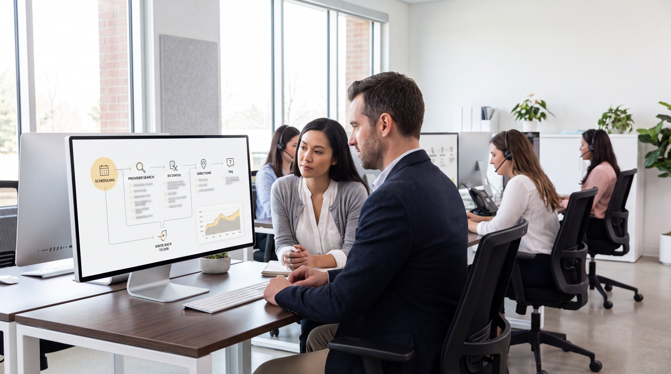 A male and female professional review a computer monitor displaying a workflow chart for AI voice agents for inbound patient access, showing steps like scheduling, provider search, RX status, directions, FAQ, and EHR write-back, set within a busy healthcare call center environment.