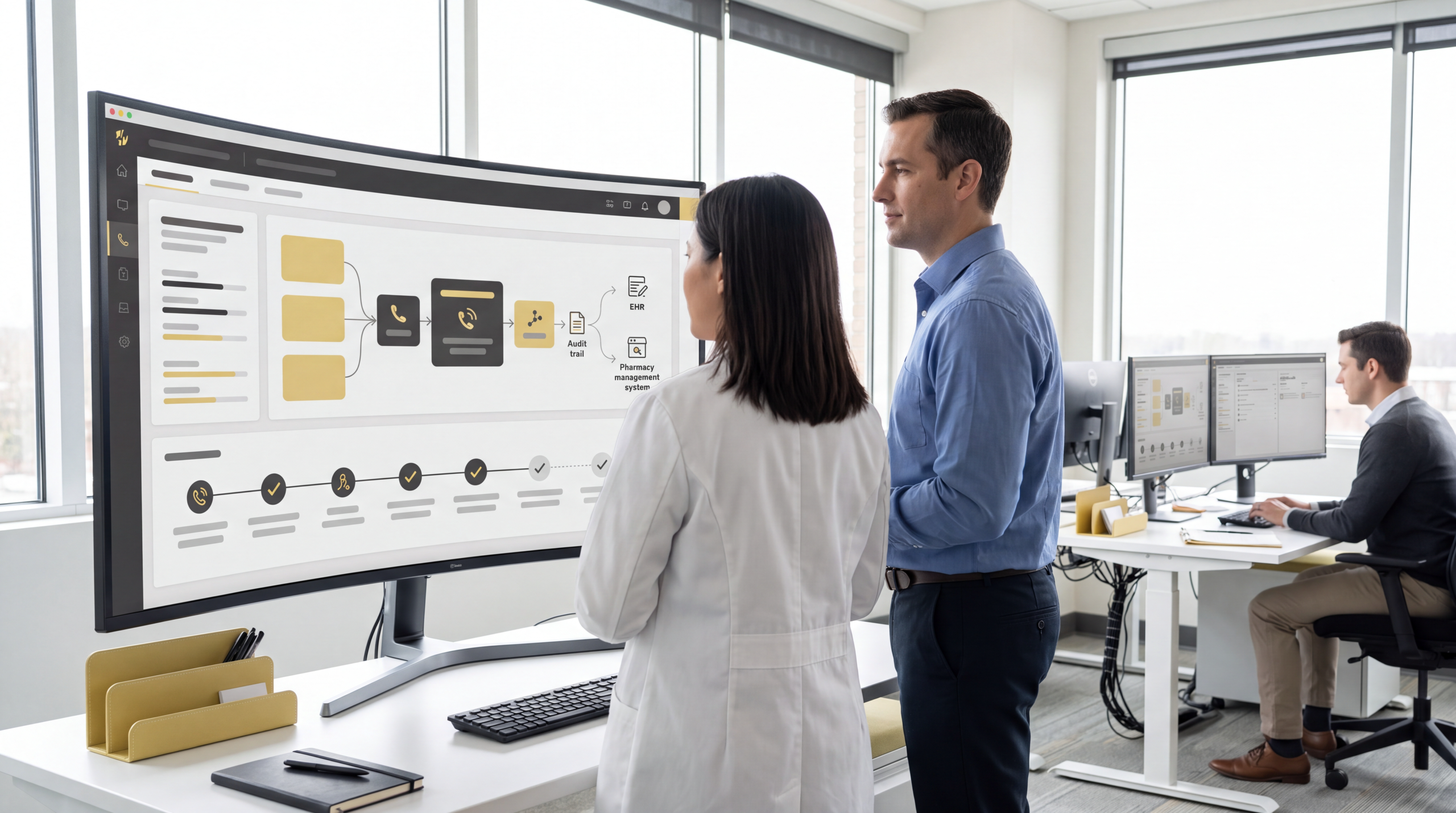 **Suggested Alt Text** A female clinician in a white coat and a male colleague examine a large desktop display illustrating clinical patient voice AI software, which shows call routing workflows connected to an audit trail, EHR integration, and a pharmacy management system in a modern office.